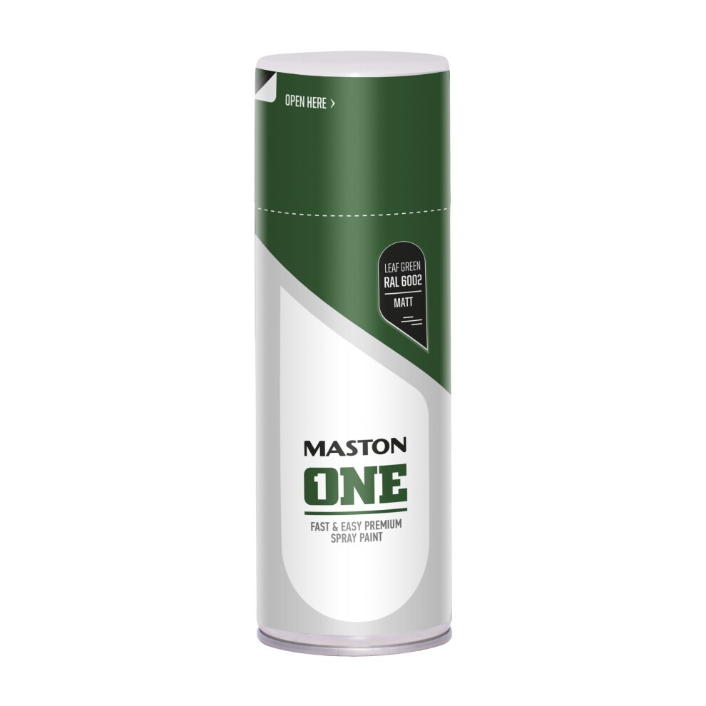 Maston Spray Paint ONE in Matt Leaf Green RAL6002, 400ml can, featuring a sleek design with a green and white label, and clear instructions for use.