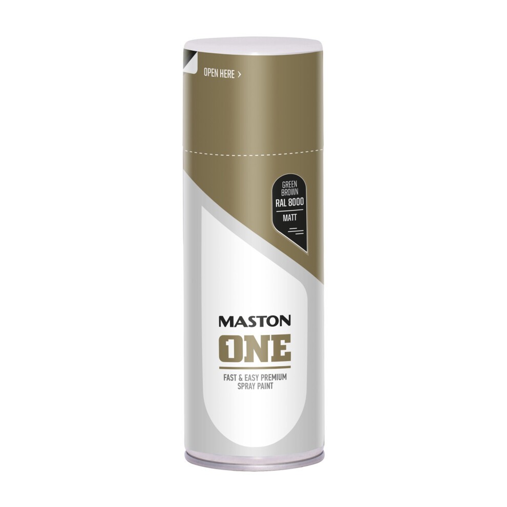 Maston Spray Paint ONE in Matt Green Brown RAL8000, 400ml can, featuring a sleek design with a white and gold label, highlighting its fast and easy premium application.