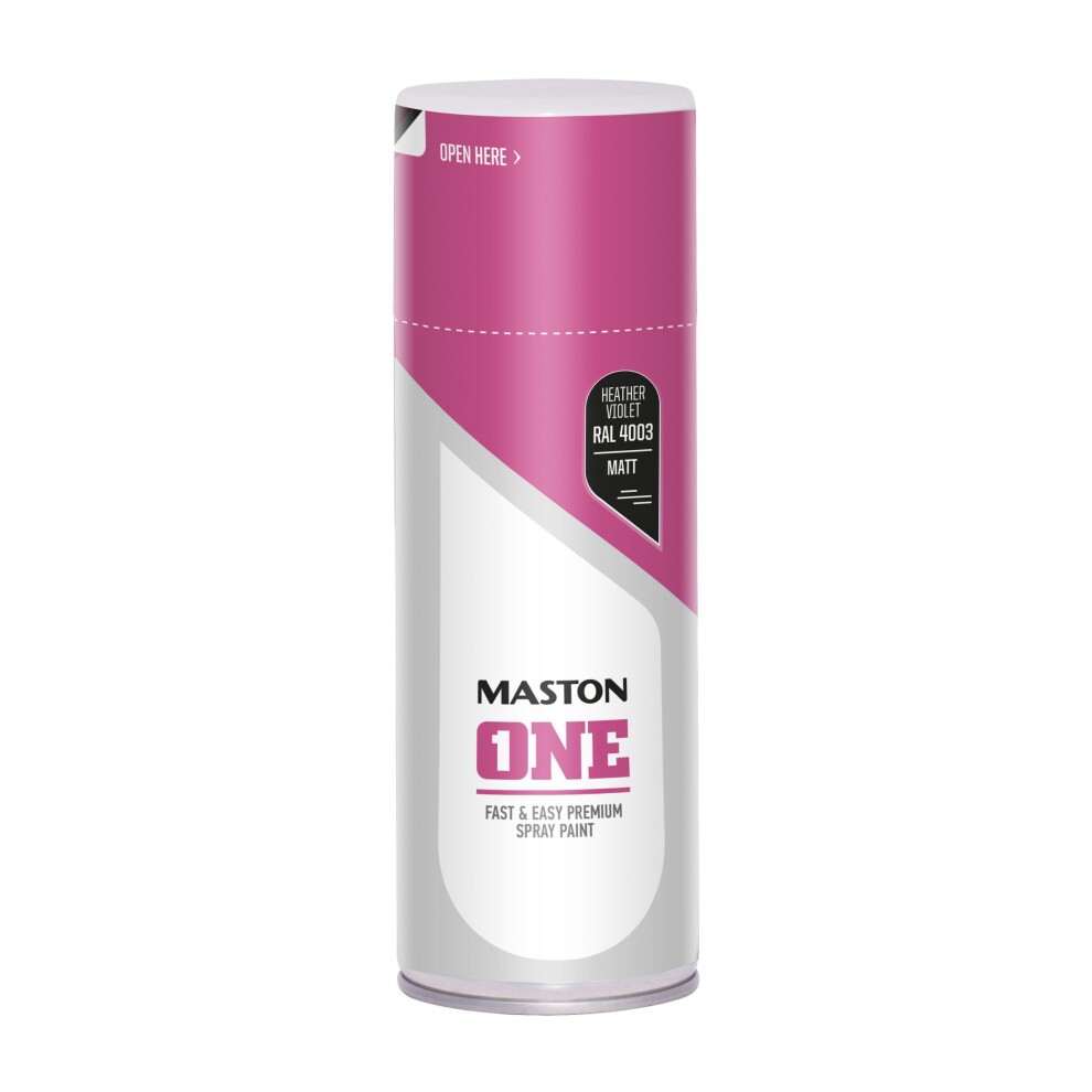 Maston Spray Paint ONE in Matt Heather Violet RAL4003, 400ml can, featuring a pink and white design with a label highlighting "Fast & Easy Premium Spray Paint."