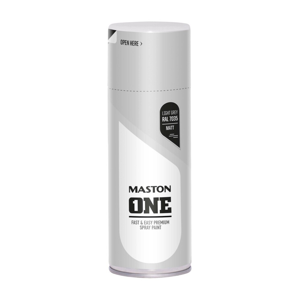 Maston Spray Paint ONE in Matt Light Grey RAL7035, 400ml can, featuring a sleek design with bold black text and a white background, labeled for easy opening.