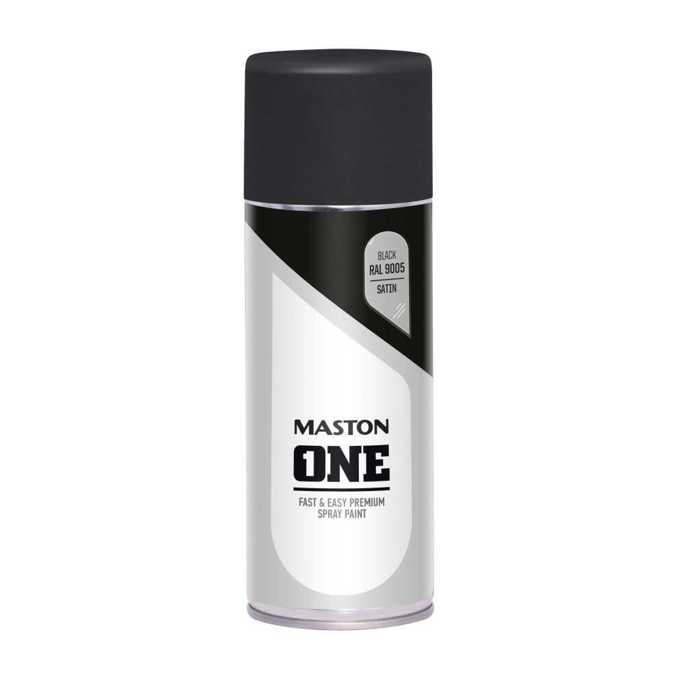 Satin black spray paint canister labeled "Maston ONE," featuring a sleek design, 400ml capacity, and a prominent black cap with product information on the body.