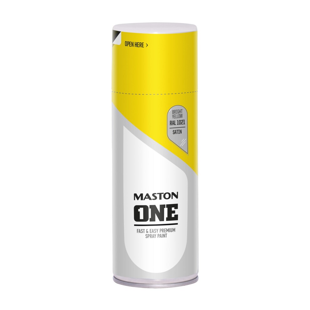 Satin bright yellow spray paint can, labeled "Maston ONE," features a sleek design with a white base and yellow top, indicating fast and easy application, 400ml capacity.