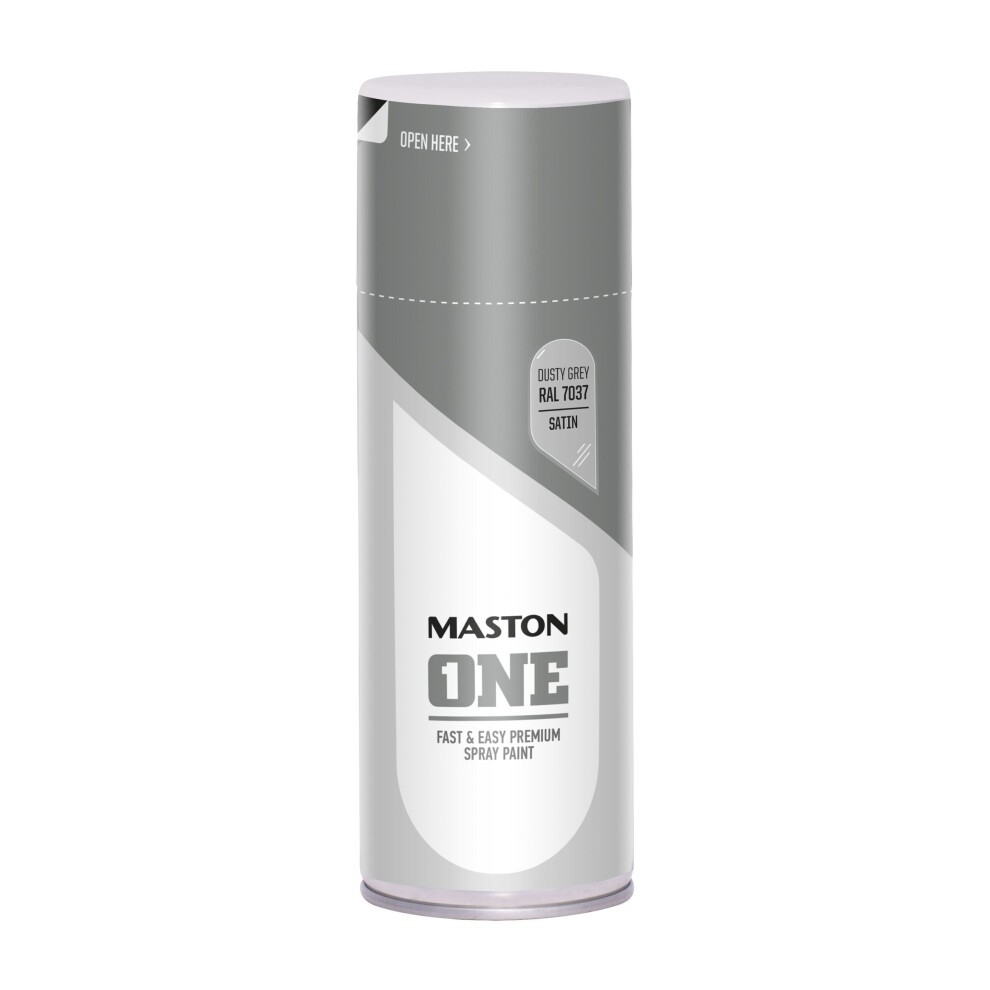 Satin Dusty Grey spray paint canister by Maston, 400ml, featuring a sleek design with a white and grey color scheme and clear labeling for easy identification.