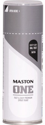 Satin grey aluminium spray paint canister with a sleek design, labeled "Maston ONE," featuring a 400ml capacity and instructions for use on the top.