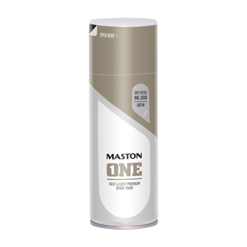 Satin grey beige spray paint canister, 400ml, labeled "Maston ONE," featuring a sleek design with a white and metallic color scheme and clear instructions on the top.
