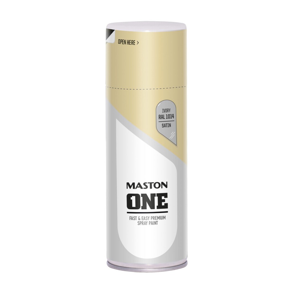 Satin ivory spray paint canister labeled "Maston ONE," featuring a sleek design with a white base and gold accents, containing 400ml of premium spray paint.