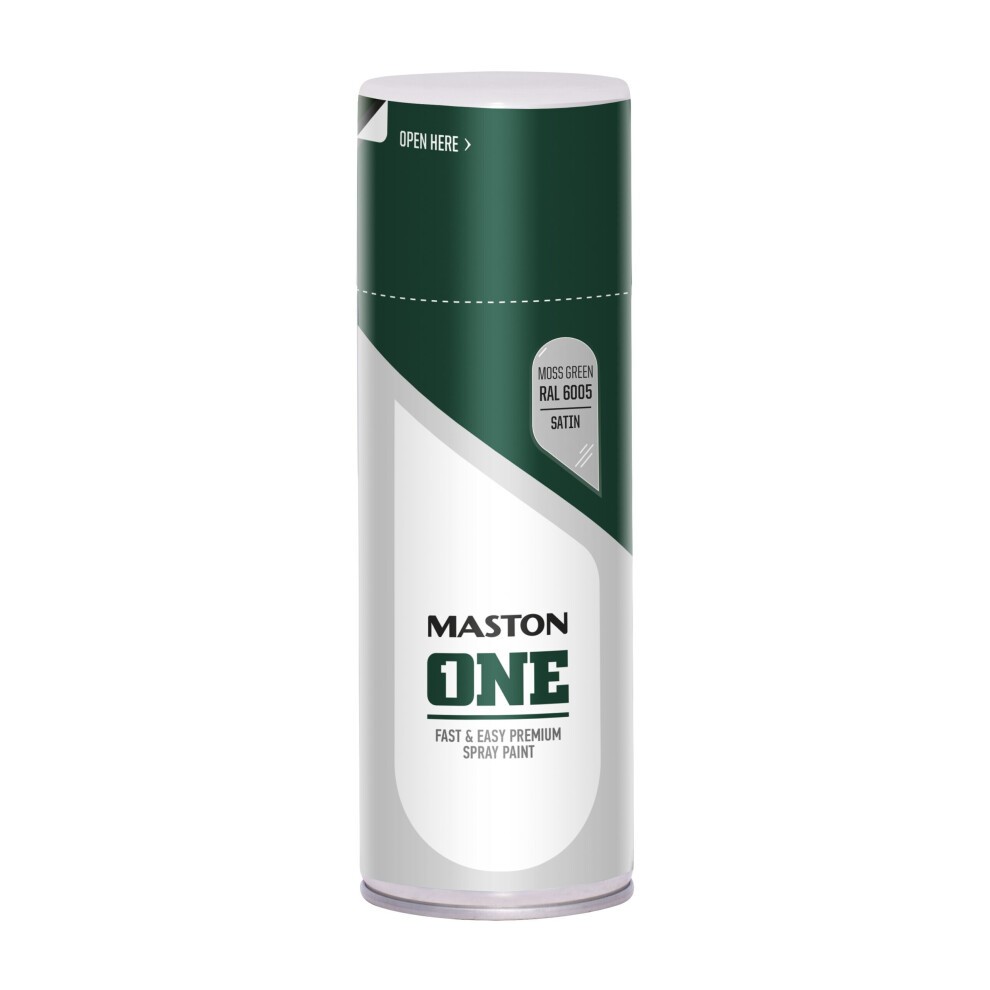 Satin Moss Green spray paint can by Maston, labeled "ONE," features a sleek design with a green and white color scheme, 400ml capacity, and a clear opening instruction.