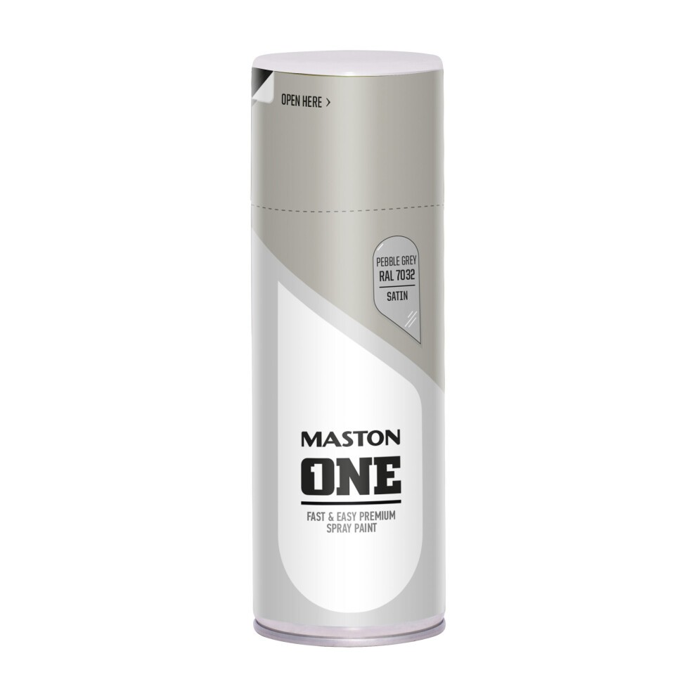 Satin Pebble Grey spray paint can by Maston, 400ml, featuring a sleek design with a white and grey color scheme and clear labeling for easy identification.