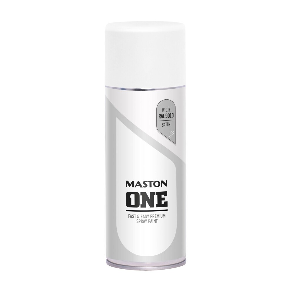 Satin white spray paint canister labeled "Maston ONE" with a sleek design, featuring a 400ml capacity and a prominent RAL9010 color code for easy identification.