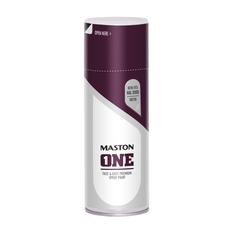 Satin wine red spray paint canister, 400ml, featuring a sleek design with a white label displaying "Maston ONE" and product information.