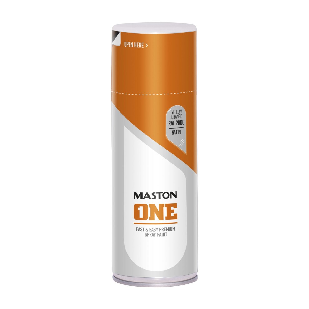 Maston Spray Paint ONE in Satin Yellow Orange RAL2000, 400ml can with a sleek design featuring a white base and an orange top, labeled for fast and easy use.