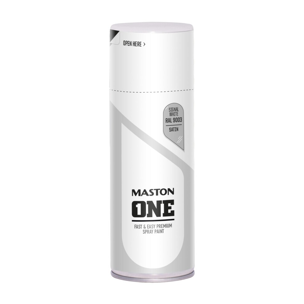 Satin Signal White spray paint can by Maston One, 400ml, featuring a sleek design with a white body and a silver cap, labeled with product details and RAL9003 color code.