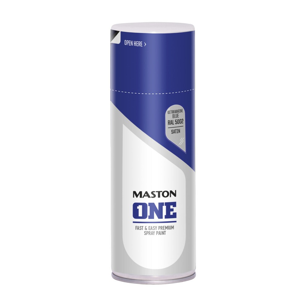 Satin ultramarine blue spray paint canister labeled "Maston ONE," featuring a sleek design with a white base and blue top, containing 400ml of premium paint.