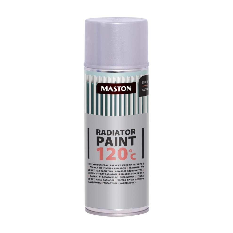 Maston Spray Paint in Radiator Silver Satin, 400ml can with a sleek silver finish, featuring a clear nozzle and a label indicating heat resistance up to 120°C.