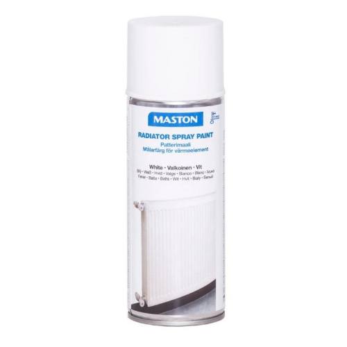 White gloss spray paint canister for radiators, 400ml, featuring a clear label with product details and a sleek, cylindrical design.