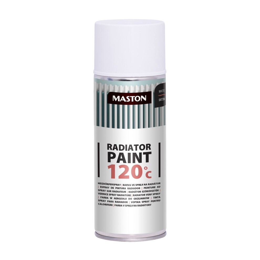 White satin spray paint canister labeled "Radiator Paint 120°C" by Maston, featuring a sleek design with a clear plastic cap and a glossy finish.