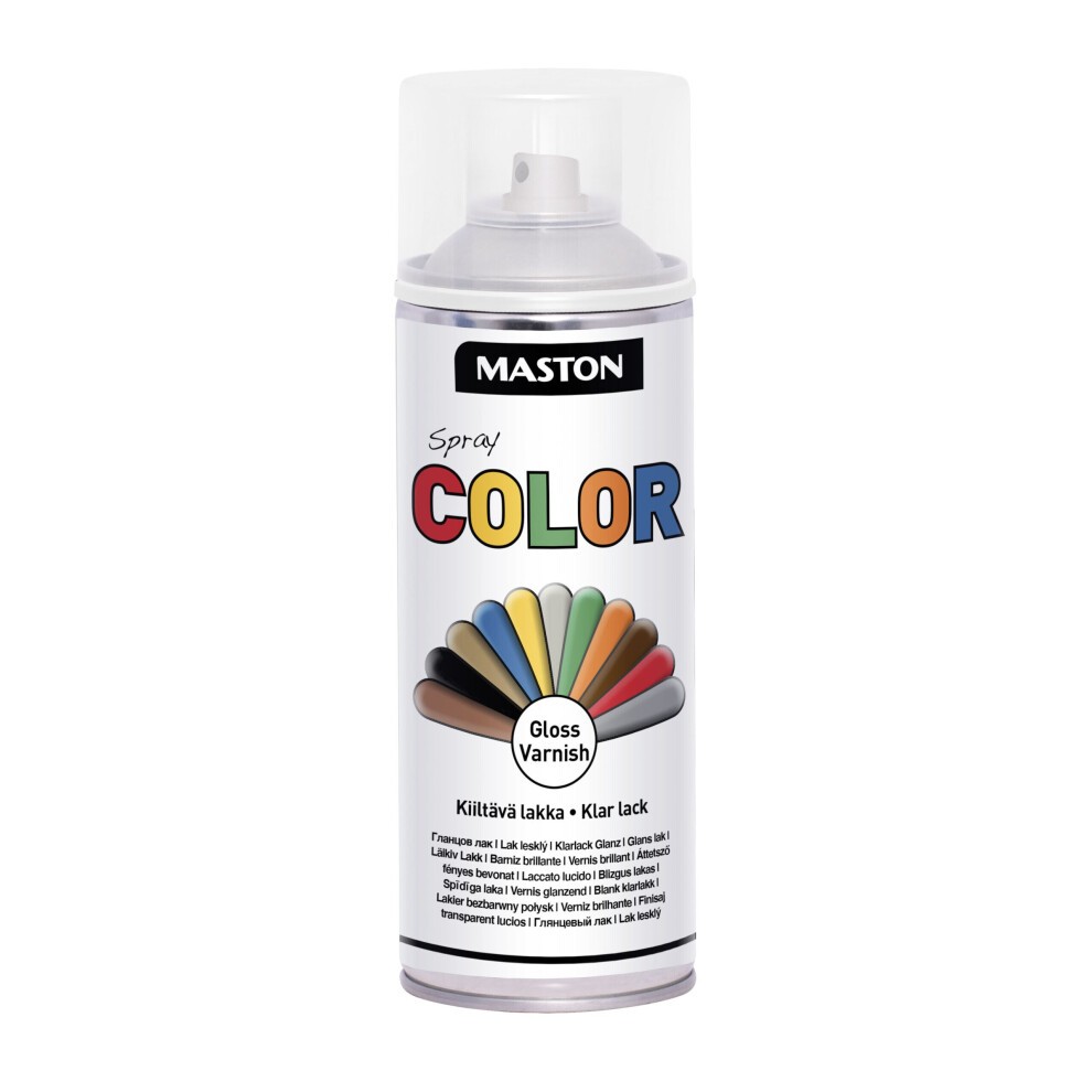 Maston Spray Paint Color Lacquer Gloss 400ml features a clear spray can with a white lid, showcasing a vibrant color palette on the label, highlighting its glossy finish.
