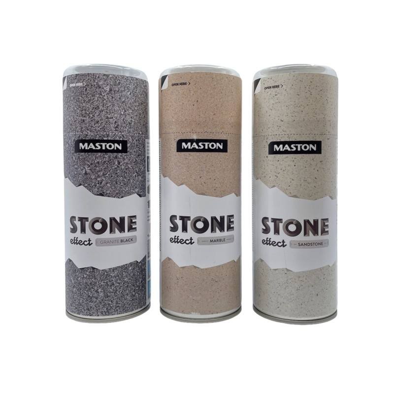 Three spray cans of Maston Stone Effect paint: one in granite black, one in marble, and one in sandstone, each labeled clearly with the brand and color.
