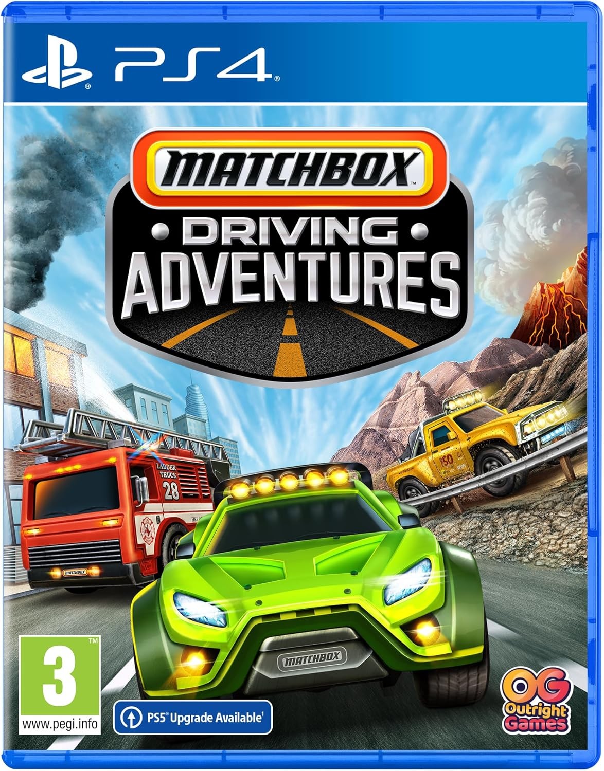 Cover art for "Matchbox Driving Adventures" featuring a green sports car, a red fire truck, and a yellow truck, with a mountainous background and a prominent PS4 logo.