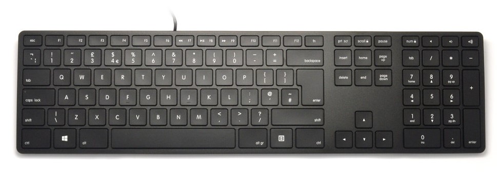 Matias Wired RGB Backlit Aluminum Keyboard features a sleek black aluminum design with customizable RGB backlighting and a UK layout for PC use.