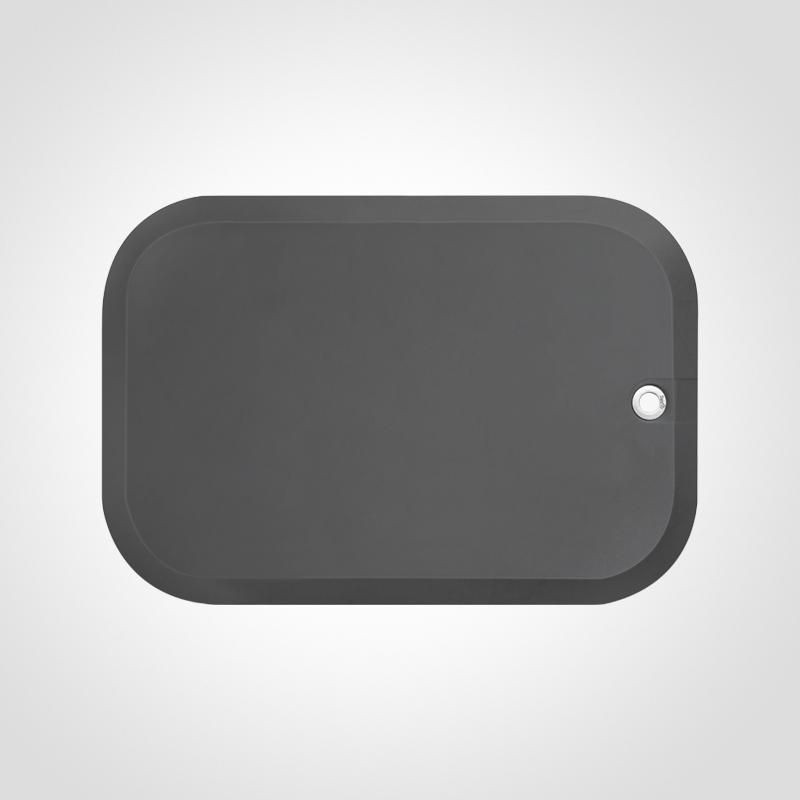 Rectangular, dark gray mat measuring 53x77cm, featuring rounded edges and a small hole for hanging, made from durable material suitable for easy cleaning.