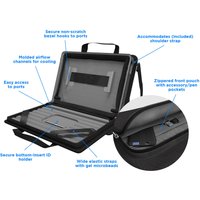 Black MAXCases Explorer 5 Work-In Case, 14", with shoulder strap, zippered pocket, and secure elastic straps.