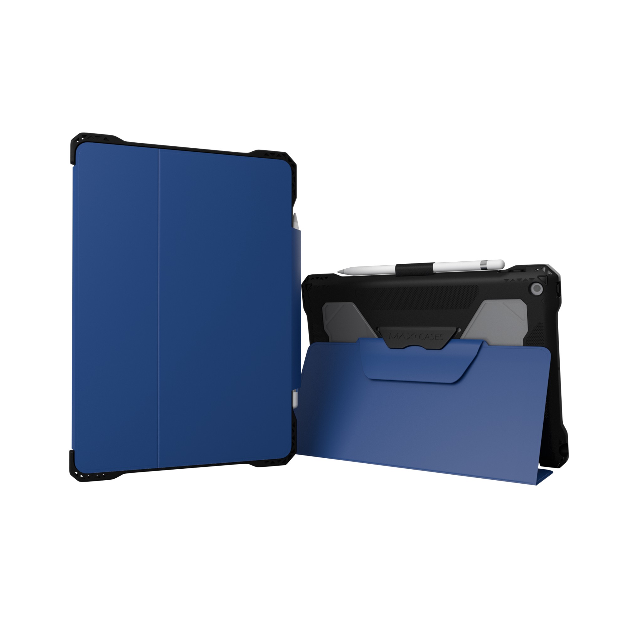 Blue folio case for iPad 7th, 8th, and 9th Gen 10.2", featuring a durable exterior, magnetic closure, and a pocket for stylus storage.