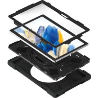 Black rugged tablet case for Samsung Galaxy Tab A8 2021, featuring reinforced corners and a rotating hand strap.