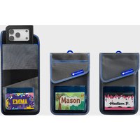 Grey MAXCases phone pouch with RF blocking, ID pocket, Velcro closures, and blue accents.