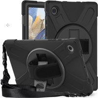 Black MAXCases Shield Case for Lenovo K11, rugged design with hand strap, kickstand, and shoulder strap.