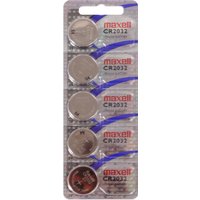 Pack of five Maxell CR2032 lithium batteries in clear plastic packaging with red and blue branding.
