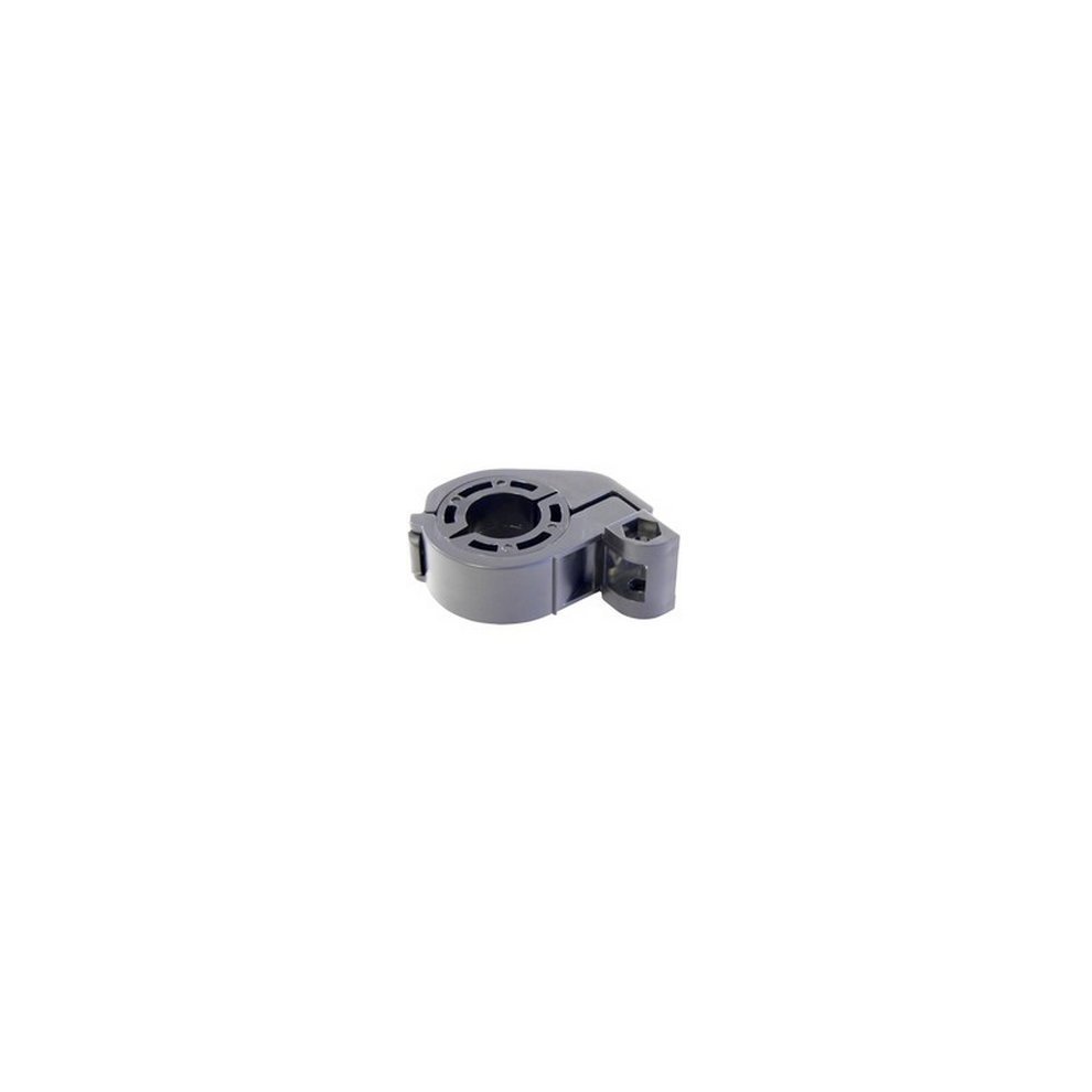 Black plastic satellite antenna accessory with a circular mounting base and a side attachment point, designed for secure installation.