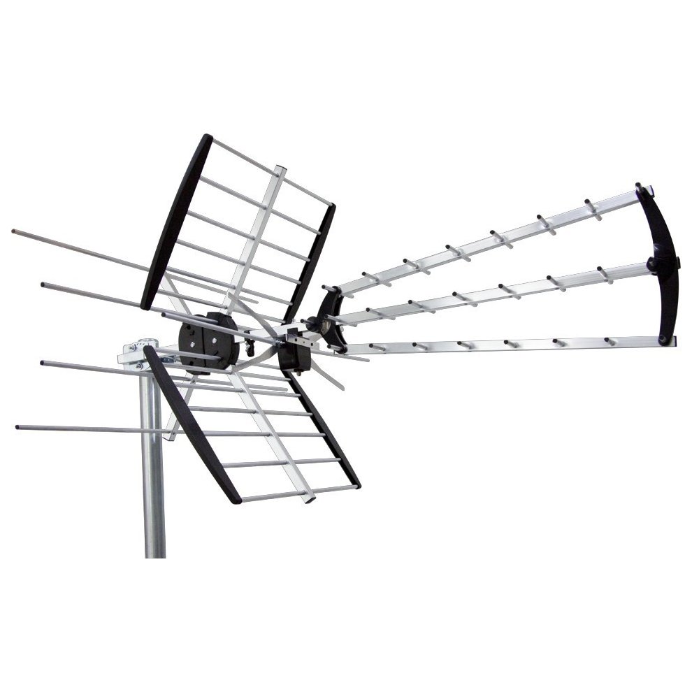 Maximum COMBO212 outdoor television antenna features a silver metal frame with multiple horizontal and vertical elements, designed for optimal signal reception.