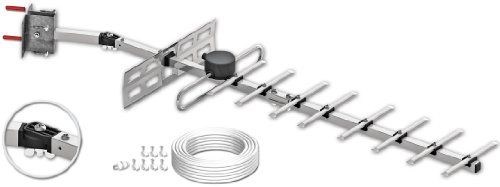 Maxview 10-element UHF TV aerial kit featuring a silver metal frame, black mounting bracket, and included installation accessories like coaxial cable and connectors.