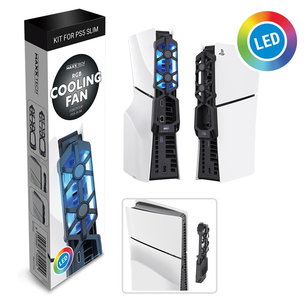 Maxx Tech RGB cooling fan for PS5 Slim, featuring a sleek white design with blue LED lights, enhancing airflow and aesthetics, packaged in a colorful box.