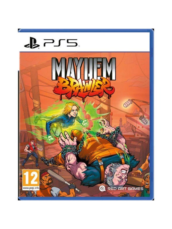 Mayhem Brawler for PS5 features vibrant artwork with a dynamic scene of a superhero battling an enemy, showcasing bold colors and comic-style graphics on a blue case.