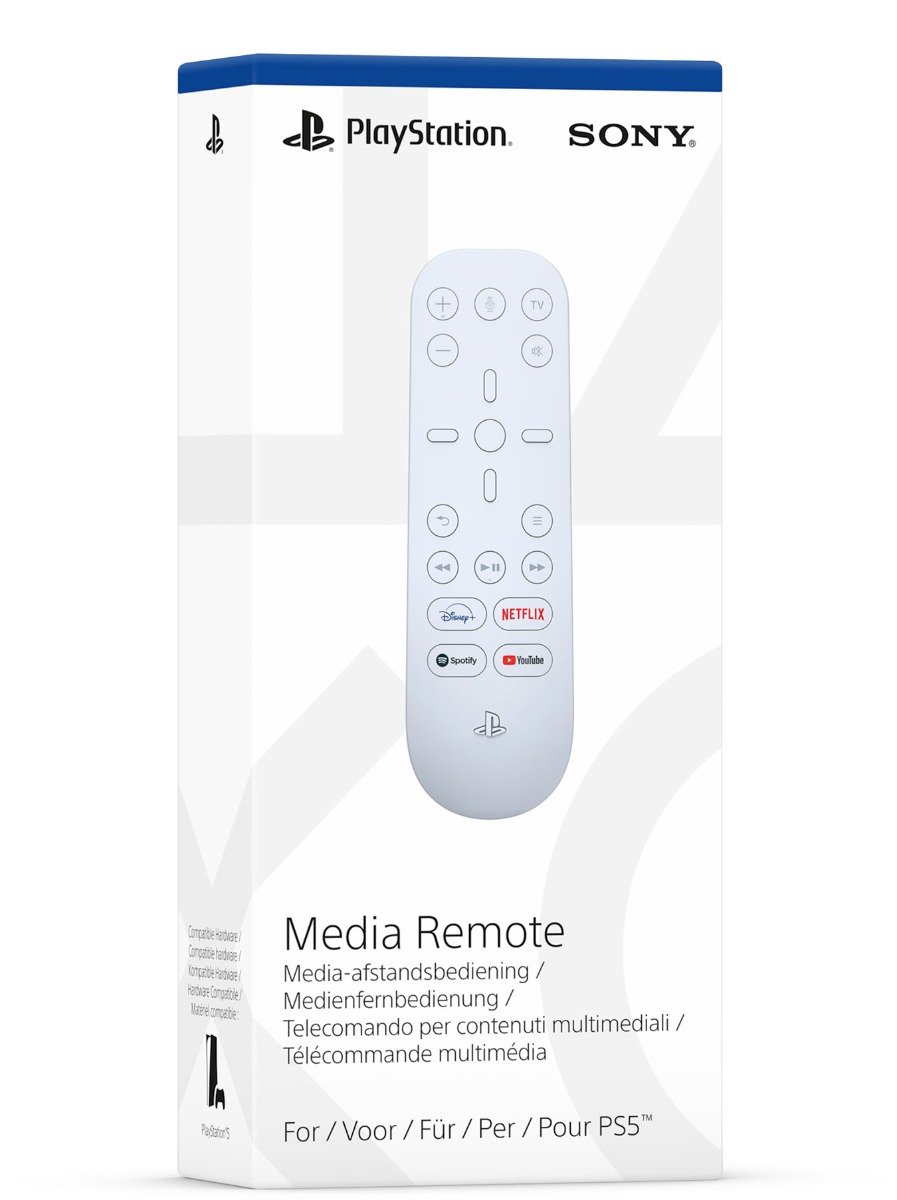 White PS5 Media Remote with a sleek design, featuring a directional pad, media control buttons, and dedicated Netflix button, packaged in a blue and white box with PlayStation branding.