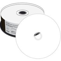 Stack of MediaRange MR512 blank Blu-Ray discs, white surface, 25 GB capacity, spindle packaging, 25 pieces.