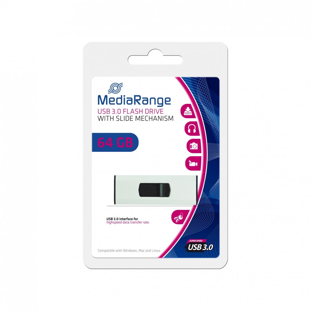 MediaRange MR917 USB flash drive in a sleek silver design with a slide mechanism, packaged in a colorful card featuring a prominent "64 GB" label and USB 3.0 compatibility details.