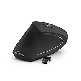 Left-handed ergonomic wireless optical mouse in black with a sleek design, featuring a DPI button and a USB receiver for connectivity.