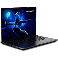 Black Medion 15.3-inch laptop with illuminated keyboard, slim bezels, and futuristic screen graphic.