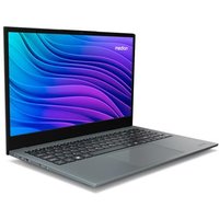 Medion 15.6-inch laptop, silver with black keyboard, thin bezel, displaying blue and purple wave pattern on screen.