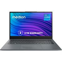 Gray Medion Akoya laptop with 15.6-inch screen, Intel Core i5, 32GB RAM, 1TB SSD, Windows 11, and 2-year warranty badge.