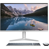 All-in-one desktop with 27-inch screen, slim silver bezel, wireless keyboard, and mouse.