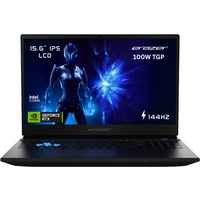 Black MEDION Erazer laptop with 15.6" display, blue backlit keyboard, RTX 5060 graphics, and sleek angular design.