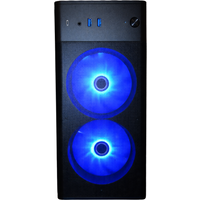 Black Medion gaming PC tower with blue LED-lit dual fans, front USB ports, and sleek minimalist design.