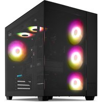 Black Medion ERAZER gaming PC with RGB-lit fans, transparent side panel, and sleek design.
