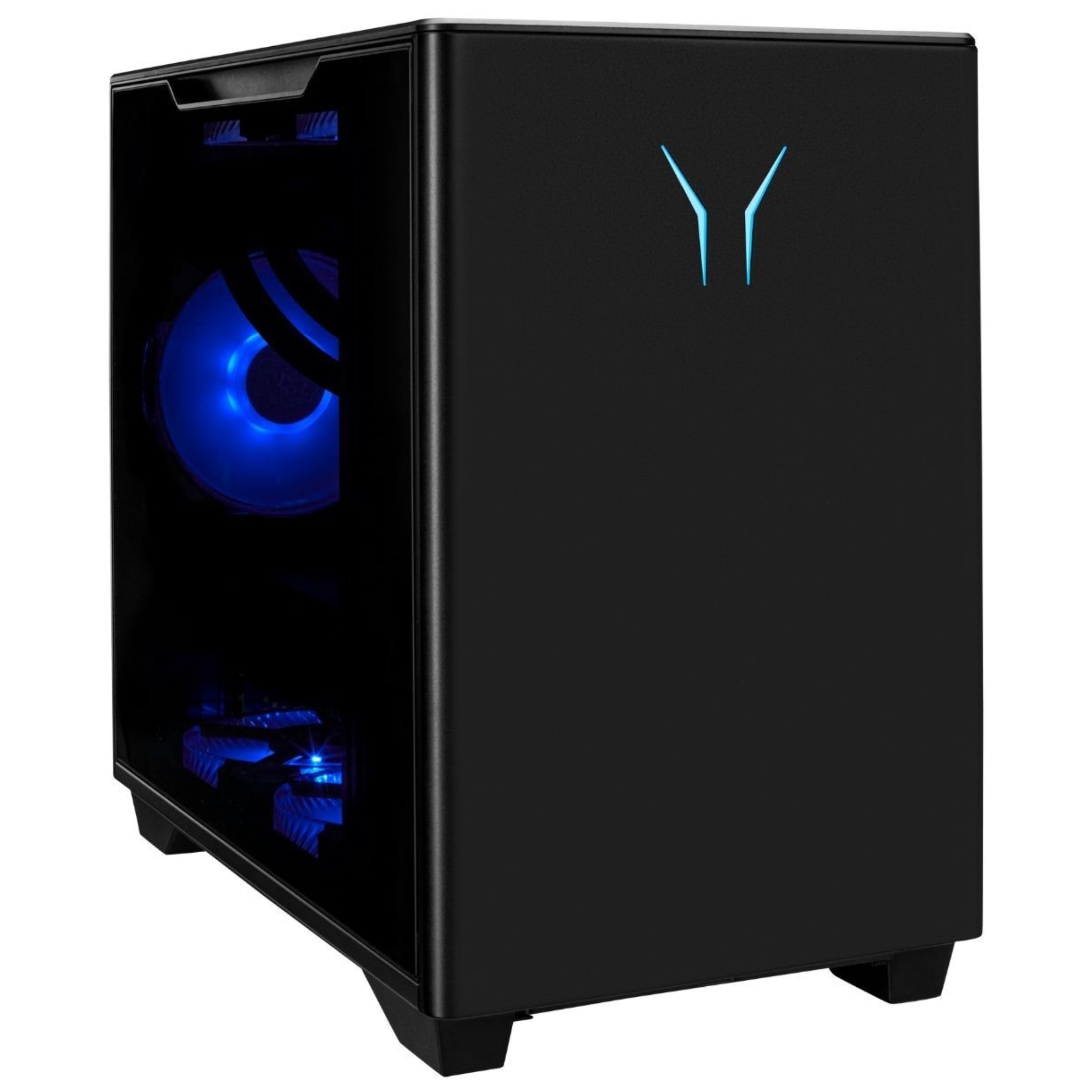 Black gaming tower PC with a sleek design, featuring blue LED lighting, transparent side panel, and prominent Medion logo on the front.