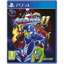 Cover art for "Megaman 11" on PlayStation 4 features vibrant colors with Megaman in the foreground and various robotic characters, set against a dynamic background.