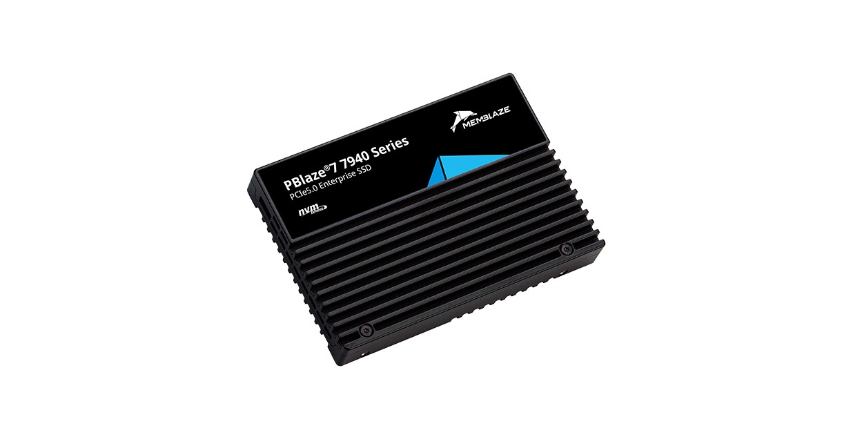 Memblaze PBlaze7 7940 Series 12.8TB U.2 SSD featuring a sleek black metal casing with ribbed texture and a blue accent, designed for PCIe 5.0 compatibility.